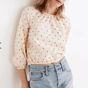 NWT! Madewell Poplin Gathered Puff-Sleeve Slightly Crop Top